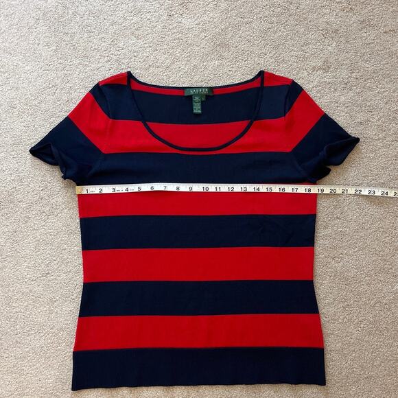 Lauren Ralph Lauren Slinky Knit Striped Short Sleeve Top Size Large Red Blue - Picture 5 of 6